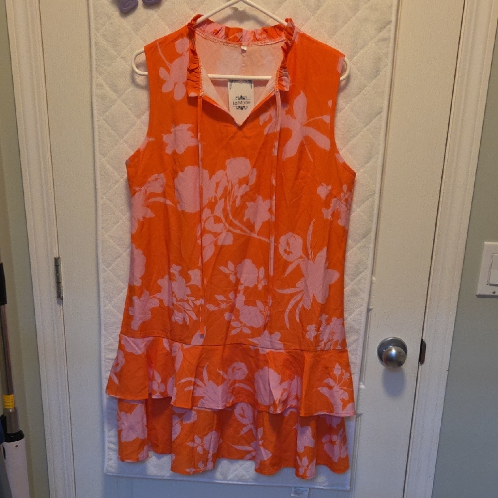 LaMode Orange & Lilac Floral Sleeveless Dress